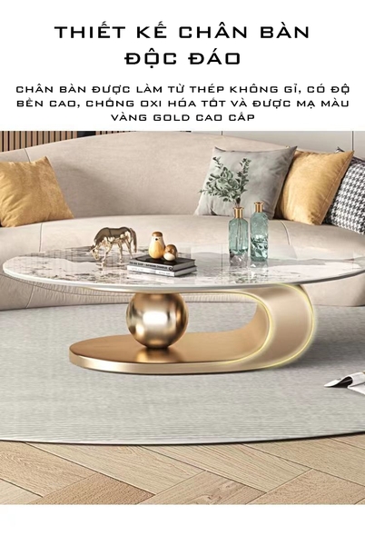 Bàn Trà Sofa Elip Mặt Đá Trắng Chân Inox Mạ Pvd Vàng Cao Cấp - BT22E