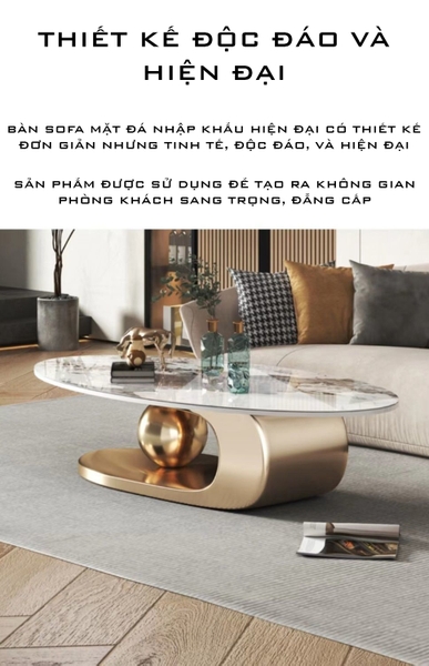 Bàn Trà Sofa Elip Mặt Đá Trắng Chân Inox Mạ Pvd Vàng Cao Cấp - BT22E