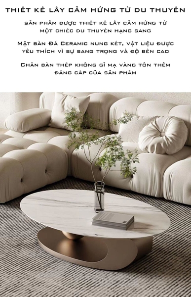 Bàn Trà Sofa Elip Mặt Đá Trắng Chân Inox Mạ Pvd Vàng Cao Cấp - BT22E