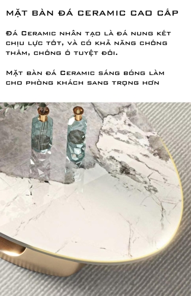 Bàn Trà Sofa Elip Mặt Đá Trắng Chân Inox Mạ Pvd Vàng Cao Cấp - BT22E