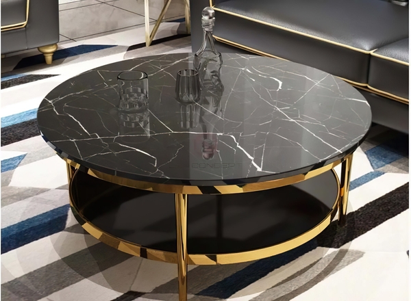 Bàn Trà Tròn Mặt Đá Đen 2 Tầng Chân Inox Mạ Vàng Cao Cấp - BT02A