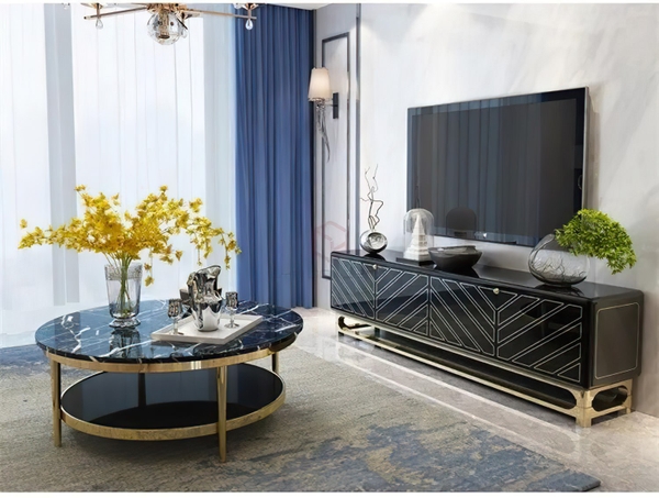 Bàn Trà Tròn Mặt Đá Đen 2 Tầng Chân Inox Mạ Vàng Cao Cấp - BT02A