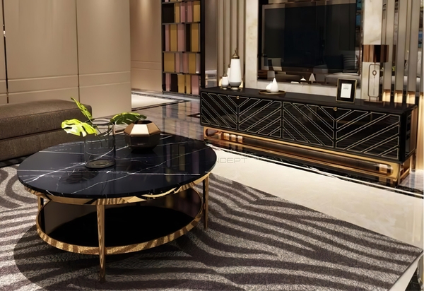 Bàn Trà Tròn Mặt Đá Đen 2 Tầng Chân Inox Mạ Vàng Cao Cấp - BT02A