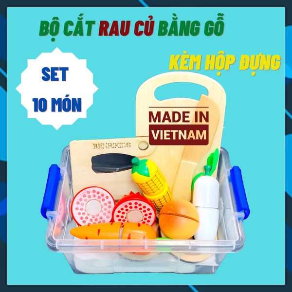 Hộp Đồ Chơi Cắt Rau Củ Bằng Gỗ Kèm Thớt Đĩa Dao Có Hộp Đựng Quai Xách Tiện Lợi