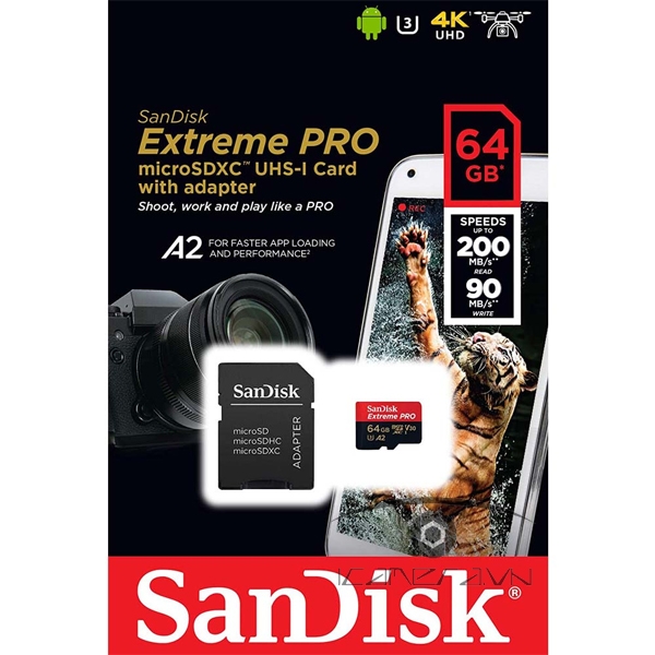 Thẻ Nhớ MicroSDXC SanDisk Extreme Pro V30 A2 64GB 200MB/s SDSQXCU-064G-GN6MA