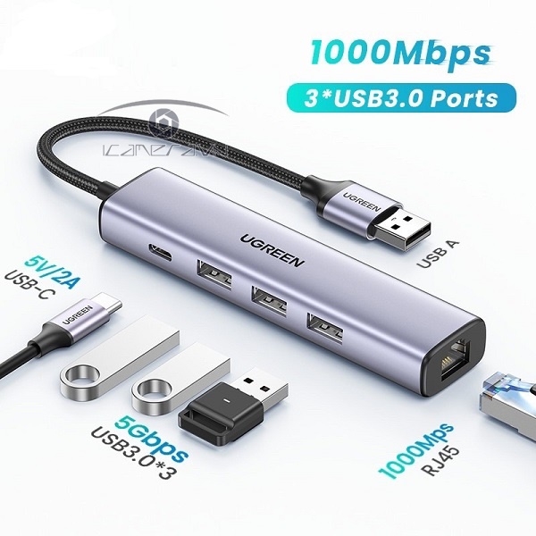 Ugreen 20915 Cáp USB 3.0 to LAN 10/100/1000Mbps và hub 3 cổng USB 3.0