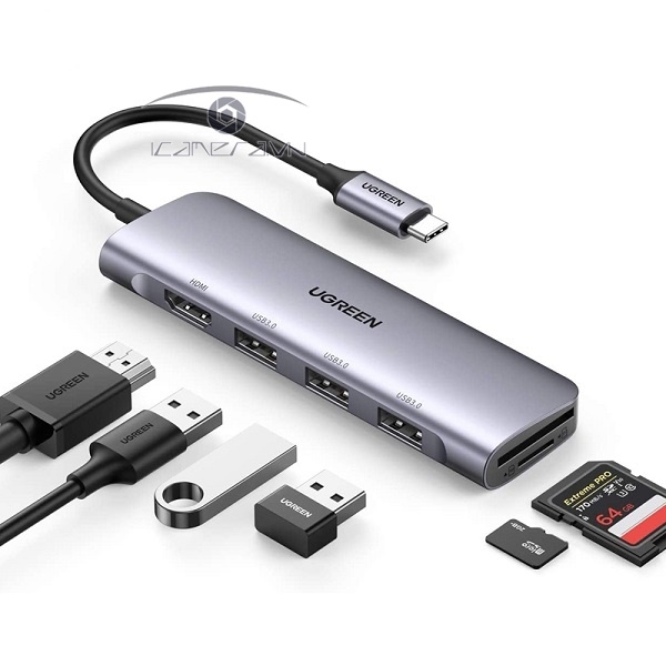 Hub USB Type C 6 in 1 to HDMI, USB 3.0, đọc thẻ SD/TF Ugreen 70410