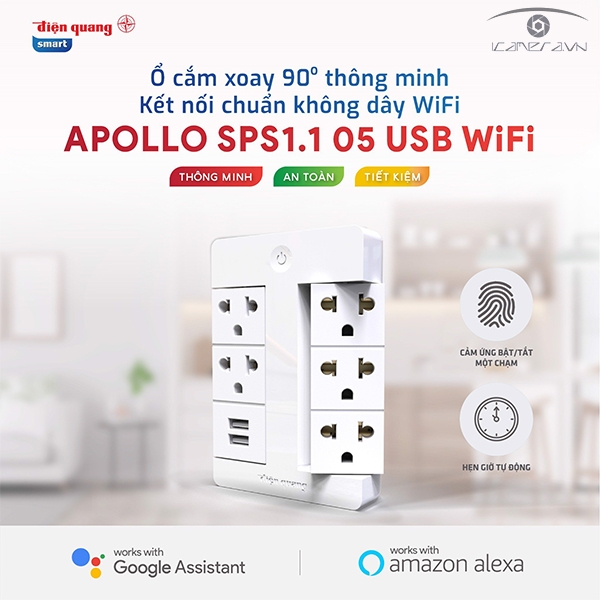 Ổ cắm Xoay 90° Thông Minh Điện Quang Apollo ĐQ SPS1.1 05 USB WiFi