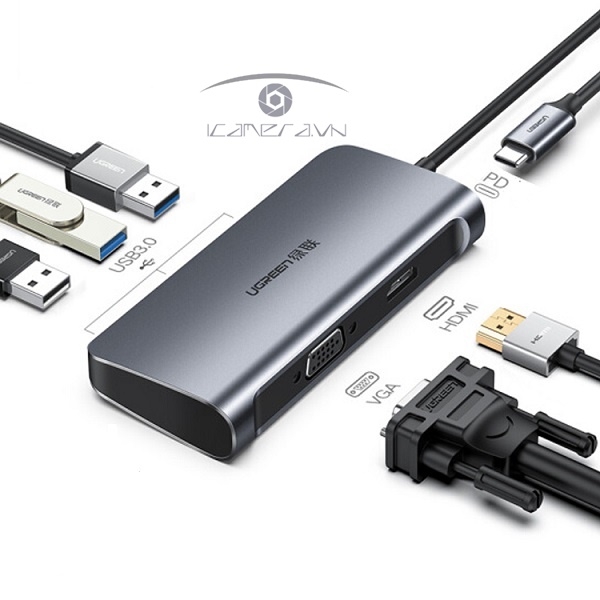 Cáp chuyển USB Type C to HDMI, VGA, USB 3.0 Ugreen 50319 hỗ trợ sạc USB C