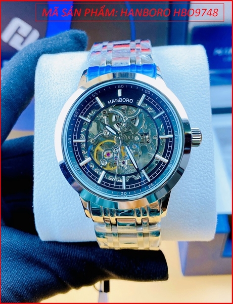Đồng Hồ Nam Hanboro Automatic Mặt Đen Lộ Cơ Dây Kim Loại