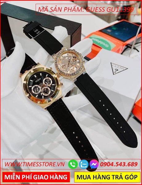 Đồng Hồ Cặp Đôi Guess Chronograph Vàng Gold Dây Đen