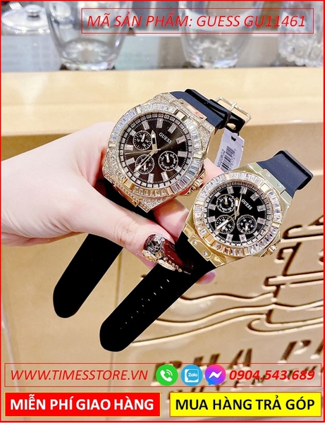 Đồng Hồ Cặp Đôi Guess Chronograph Vàng Gold Dây Silicone Đen