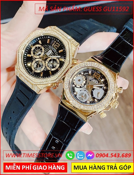 Đồng Hồ Cặp Đôi Guess Mặt Tròn Đính Đá Vàng Gold Dây Silicone