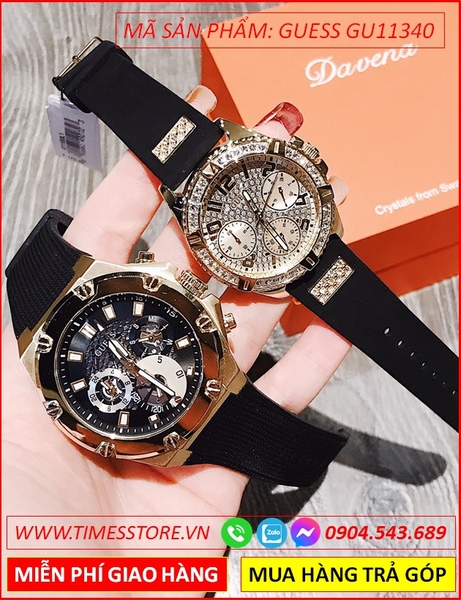 Đồng Hồ Cặp Đôi Guess Chronograph Vàng Gold Dây Silicone Đen