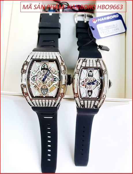 Đồng Hồ Cặp Đôi Hanboro Automatic Full Đá Dây Silicone Đen