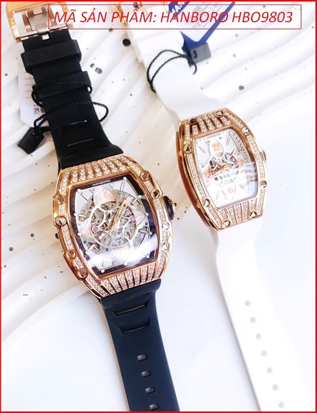 Đồng Hồ Cặp Đôi Hanboro Automatic Full Đá Rose Gold Dây Silicone