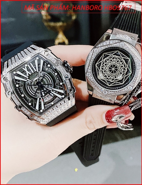 Đồng Hồ Cặp Đôi Hanboro Automatic Lộ Máy Full Đá Dây Silicone
