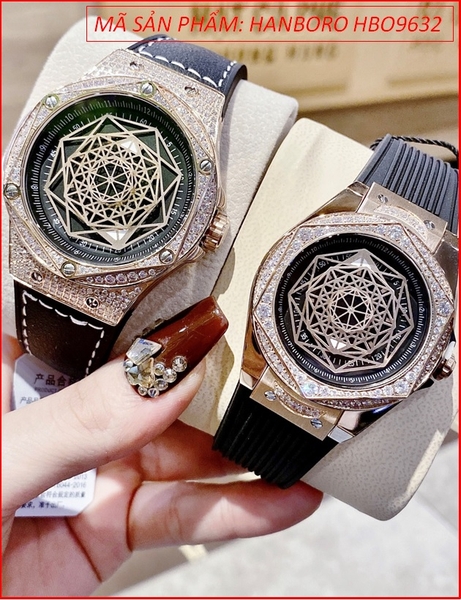 Đồng Hồ Cặp Đôi Hanboro Mặt Vũ Trụ Đá Rose Gold Dây Đen