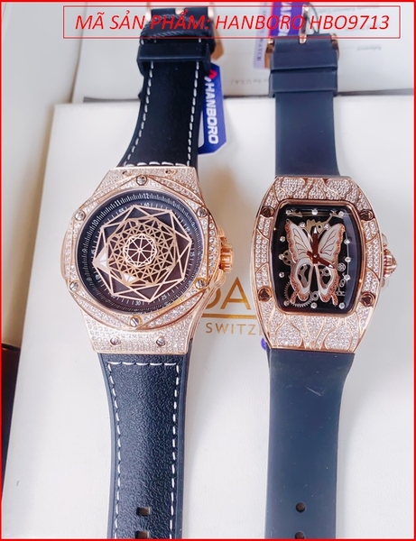 Đồng Hồ Cặp Đôi Hanboro Mặt Vũ Trụ Full Đá Rose Gold Dây Silicone Đen