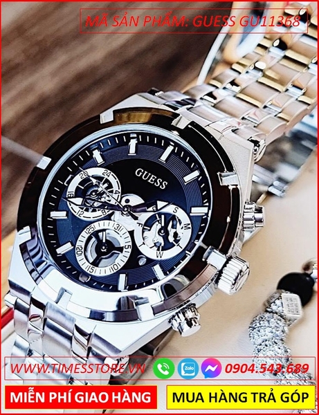 Đồng Hồ Nam Guess Mặt Tròn Đen 6 Kim Dây Kim Loại Silver