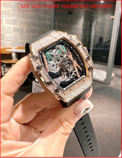 Đồng Hồ Nam Hanboro Họa Tiết Gấu Trúc Đính Đá Rose Gold Dây Silicone