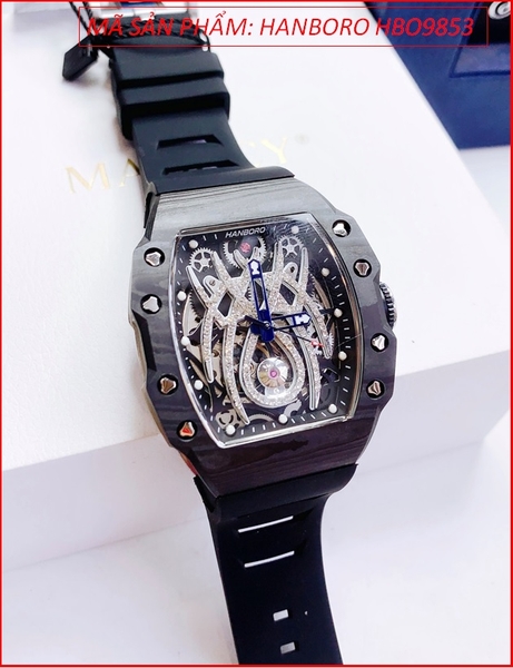 Đồng Hồ Nam Hanboro Automatic Mặt Nhện Full Đen Carbon Silicone