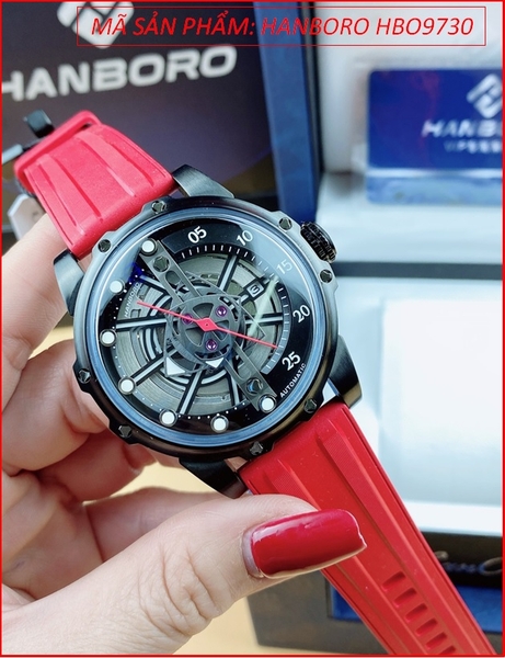 Đồng Hồ Nam Hanboro Automatic Mặt Tròn Full Đen Dây Silicone Đỏ