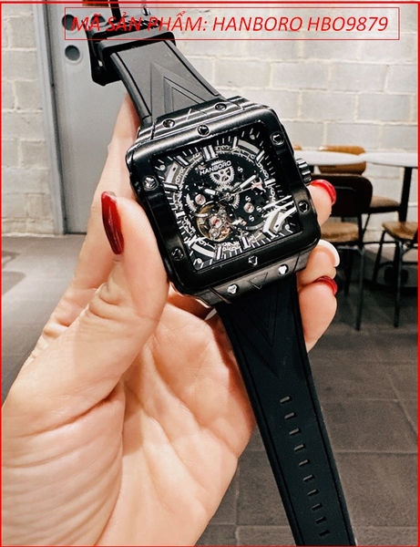 Đồng Hồ Nam Hanboro Automatic Mặt Vuông Full Đen Dây Silicone