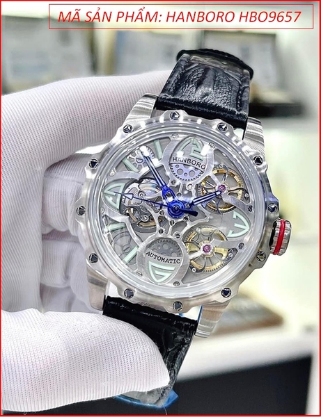 Đồng Hồ Nam Hanboro Tourbillon Automatic Silver Lộ Máy Dây Da