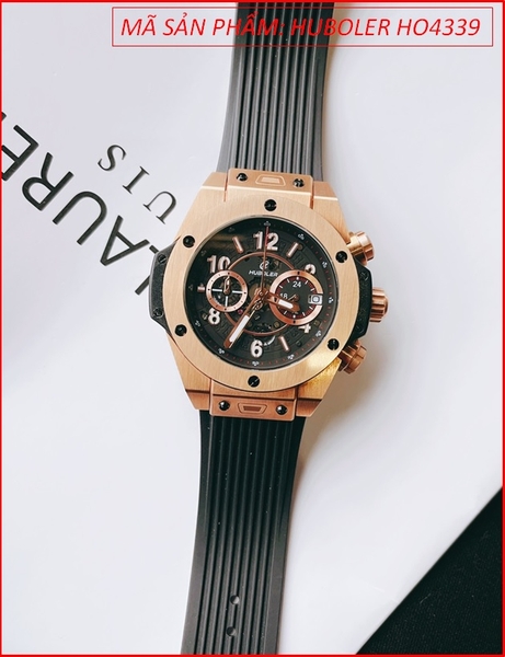 Đồng hồ Nam Huboler Mặt Tròn tựa Hublot Dây Silicone Sọc Đen (43mm)