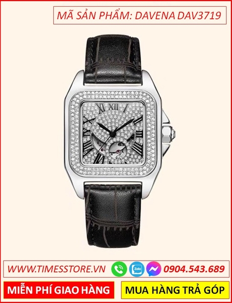 Đồng hồ Nữ Davena Mặt Vuông tự động Dây Da Đen Swarovski