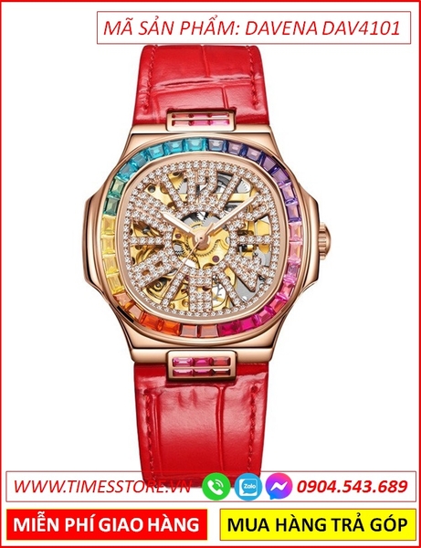 Đồng Hồ Nữ Davena Automatic Rainbow Dây Da Đỏ