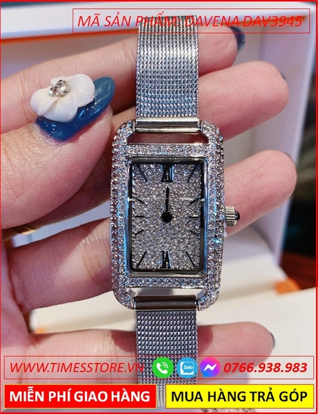 Đồng hồ Nữ Davena Mặt Chữ Nhật Dây Mesh Full Đá Swarovski (30mm)