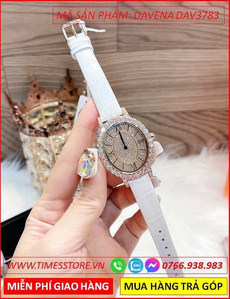 Đồng hồ Nữ Davena Mặt Elip Dây Da Đính Đá Swarovski Rose Gold (35mm)