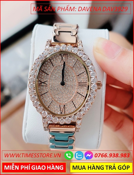 Đồng hồ Nữ Davena Mặt Elip Đính Full Đá Swarovski Rose Gold (35mm)