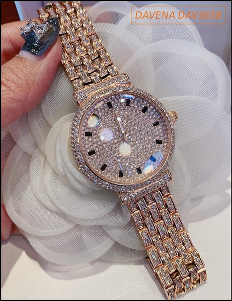 Đồng hồ Nữ Davena Rose Gold đính đá Full Swarovski size lớn (38mm)