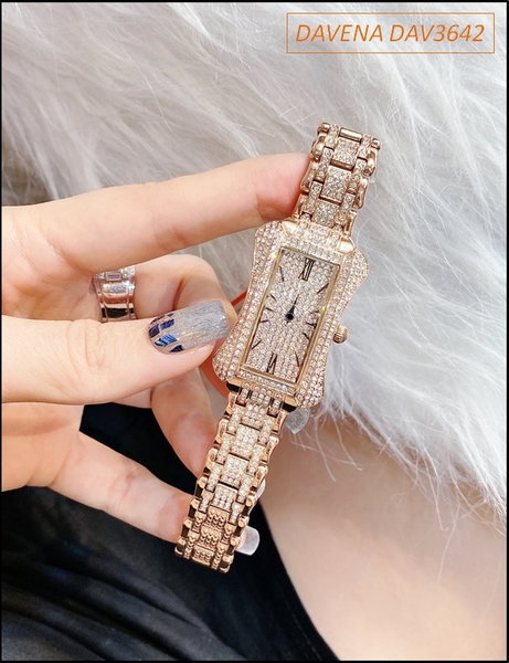 Đồng hồ Nữ Davena Mặt Chữ Nhật Full Swarovski Rose Gold