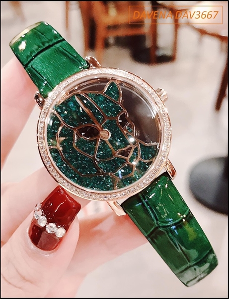 Đồng hồ Nữ Davena Mặt Hổ Dây Da Xanh đính đá Swarovski