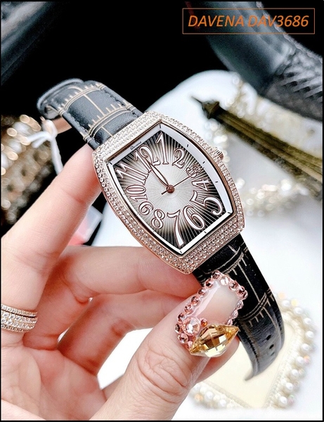 Đồng hồ Nữ Davena Mặt Chữ Nhật Dây Da Swarovski Rose Gold (36mm)