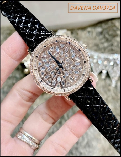 Đồng hồ Nữ Davena Swarovski Dây da Đen Mặt Full Pha lê Crystal (38mm)