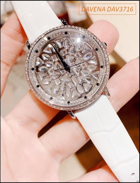 Đồng hồ Nữ Davena Swarovski Dây da Trắng Mặt Full Pha lê Crystal (38mm)