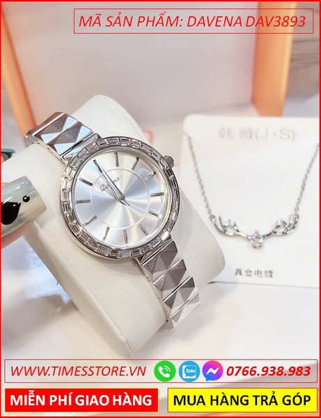 Set Đồng hồ Nữ Davena Mặt Tròn Đá Swarovski Dây Chuyền Silver