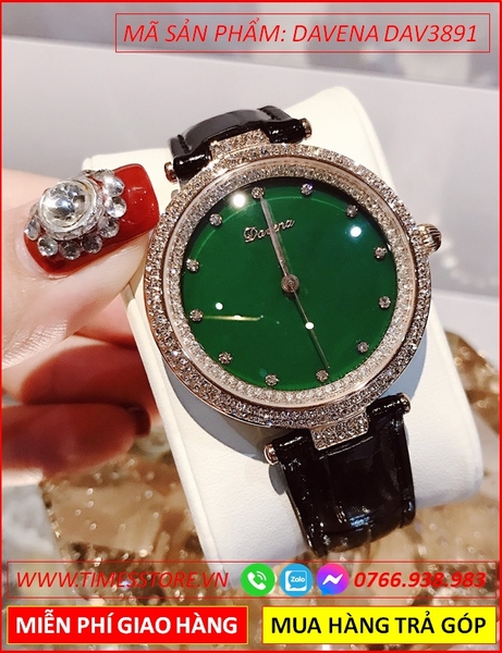 Đồng hồ Nữ Davena Mặt Mâm Xôi Màu Xanh Viền Đá Swarovski