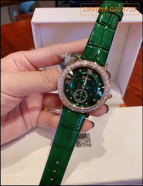 Đồng hồ Nữ Davena Mặt Xanh Dây Da Xanh đính đá Swarovski