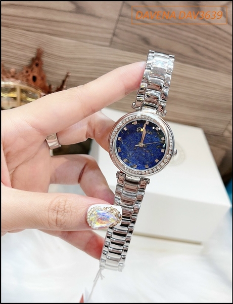 Đồng hồ Nữ Davena Swarovski Silver Dây Kim Loại Mặt Màu Xanh