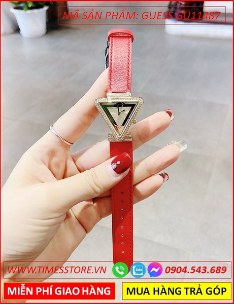 Đồng Hồ Nữ Guess Mặt Tam Giác Vàng Gold Dây Da Đỏ