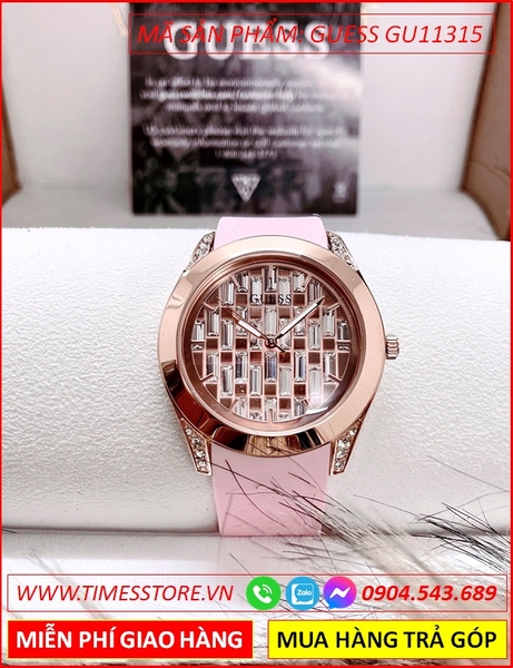 Đồng Hồ Nữ Guess Mặt Tròn Pha Lê Rose Gold Dây Cao Su Hồng