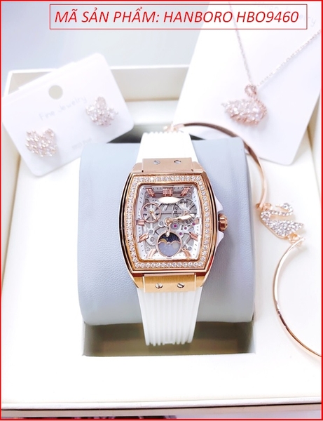 Đồng hồ Nữ Hanboro Mặt Chữ Nhật Rose Gold Dây Silicone Trắng