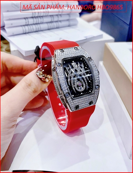 Đồng Hồ Nữ Hanboro Mặt Nhện Oval Full Đá Dây Silicone Đỏ