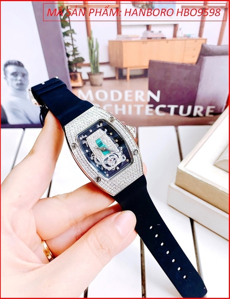 Đồng Hồ Nữ Hanboro Mặt Oval Full Đá Silver Dây Silicone Đen